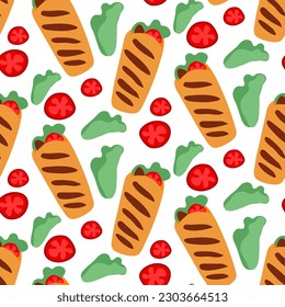 Pattern with shawarma in the Flat style. A simple illustration of kebab, shawarma, pita bread with meat and herbs. Seamless shawarma pattern, kebab hand-drawn in vector. Printing on textiles and paper