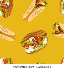 pattern of shawarma and pita with filling on a yellow background.