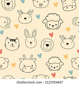 Pattern with sheep, bear, cat, deer, pig, rabbit, elephant, hippo and lion designs. For textile and industrial printing.