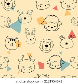 Pattern with sheep, bear, cat, deer, pig, rabbit, elephant, hippo and lion designs. For textile and industrial printing.