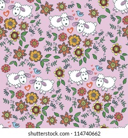 pattern with sheep and flowers