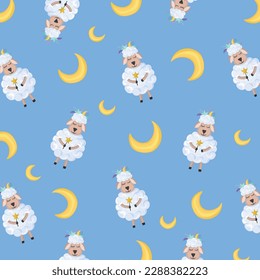 Pattern with a sheep and moon on the blue background