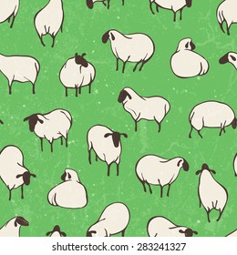 Pattern with sheep on a green field. Seamless background. EPS10 vector illustration.