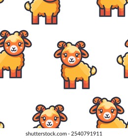 Pattern of sheep with a smiling face. The sheep are all different sizes and colors, but they all have the same happy expression
