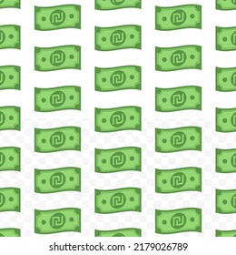 Pattern of Shekel banknotes on transparent background with mini doodle (icon) and green color. Vector Illustration