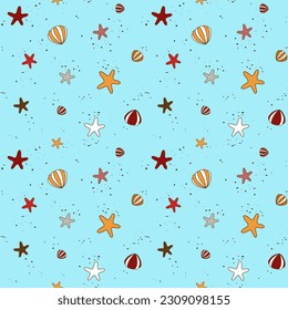 Pattern of shells, starfish, pebbles on seabed. Ocean background in cartoon style. Seamless illustration for summer children prints