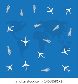 pattern of ship cruise boats with airplanes in world planet