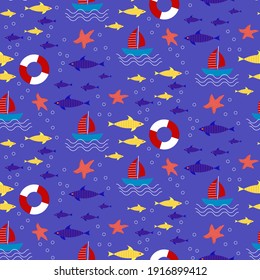 Patrón con un barco y un pez. Ilustración de viajes por mar de verano. Dibujo vectorial sobre un fondo azul. Diseño moderno para regalos, invitaciones, rayado y papel de envoltura, tela.