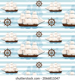 Pattern of ship and steering wheel on white and blue stripped background. Sailing vessel shadow and reflection on sea surface with flying seagulls on backdrop. Isolated objects. Vector illustration