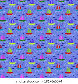 Pattern with ships and fish in the sea. Sea voyage - summer vacation. Vector illustration on a blue background. Modern creative design for gifts, banners, brochures, greetings and invitations.
