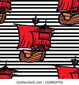 pattern with ships with RED sails on black line pattern