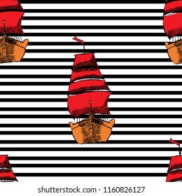 pattern with ships with RED sails on black line pattern