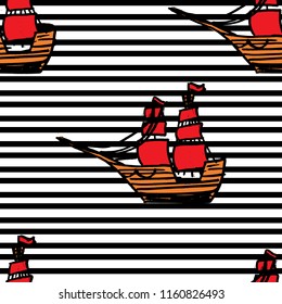 pattern with ships with RED sails on black line pattern