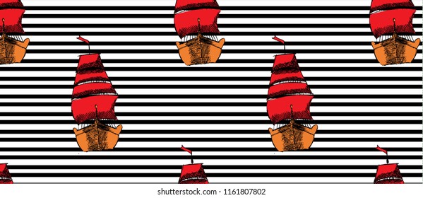 pattern with ships with RED sails on black line pattern