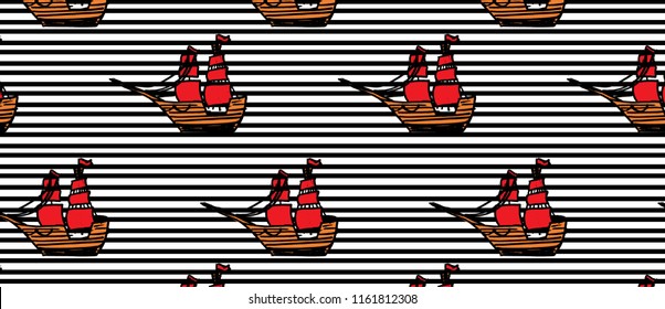 pattern with ships with RED sails on black line pattern