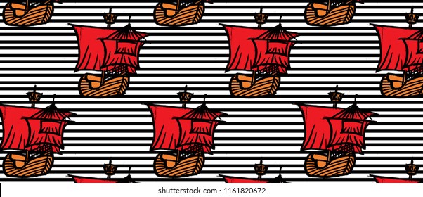 pattern with ships with RED sails on black line pattern