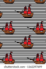 pattern with ships with RED sails on black line pattern