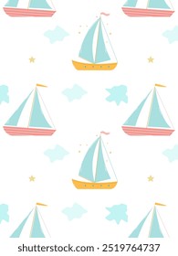 pattern with ships and stars on a white background