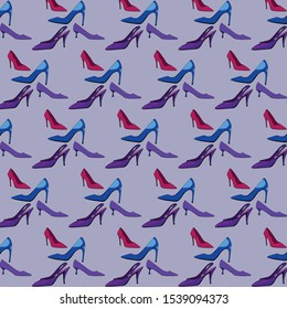 
pattern of shoes of blue, purple, pink color on a lilac background