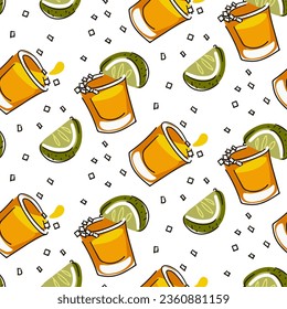 A pattern from a shot of tequila with lime and salt. Color seamless vector pattern of tequila glasses on a white background. Abstract, cartoon image with an alcoholic drink printing on textiles, paper