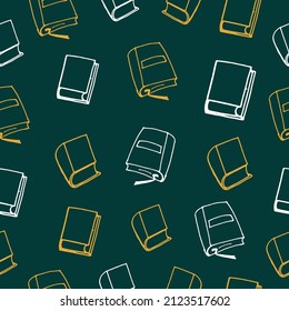 Pattern showcases a book illustration with a gold and white outline on a green background, evoking a sense of nostalgia and elegance. Whether you're creating packaging, branding materials, or digital 