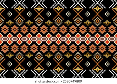 pattern showcases a captivating blend of geometric shapes and bold colors, reminiscent of traditional tribal motifs. The design features a striking contrast between a dark background and a lively 