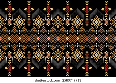 pattern showcases a captivating blend of geometric shapes and bold colors, reminiscent of traditional tribal motifs. The design features a striking contrast between a dark background and a lively 