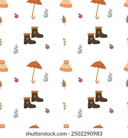 pattern showcasing autumn boots, umbrellas, hats, leaves. harvest holiday