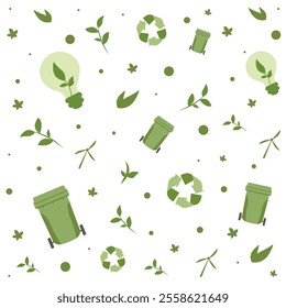 Pattern showcasing recycling symbols, green trash bins, and plants on a white background