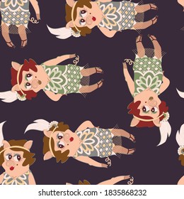 A pattern showing a zoomorphic pig girl in a 1920s dress