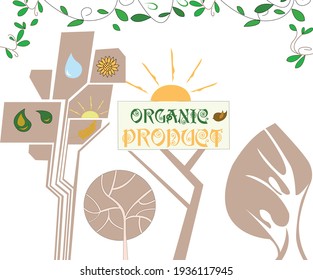 The pattern is shown for natural product stores. Trees, birds, plants, sun. Items isolated from the background. Vector graphics 