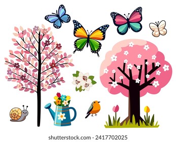 The pattern shows bright butterflies, a happy snail, and a little bird, all celebrating spring. You can see two types of pretty trees with pink flowers, and there is a blue watering can with more flow