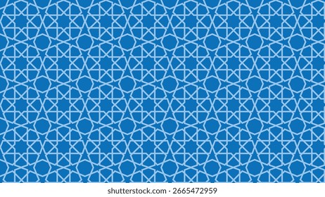 El patrón muestra una rejilla geométrica azul detallada con estrellas entrelazadas, polígonos y líneas que forman un mosaico islámico simétrico e intrincado con un diseño vibrante y clásico.