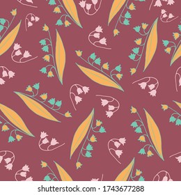 The pattern shows lilies of the valley.  They are painted in different colors.  Orange, pink, turquoise. Vector.