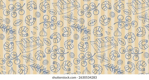 Pattern with shrimp, basil, tomato, garlic, butter. Trendy hand drawn graphic. Background of mediterranean eat. Vector illustration.
