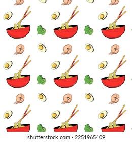 Pattern with shrimp, boiled eggs, greens and noodles in a red bowl