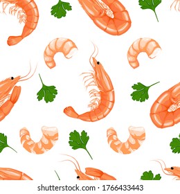 Pattern of shrimp and shrimp meat without shell, parsley. Seamless pattern. Realistic illustration.