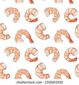 Pattern of shrimp without shell. Seamless vector on a white background. Realistic illustration with the outline