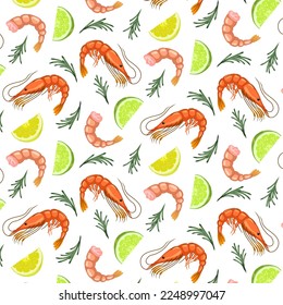 Pattern with shrimps and lemons.Vector pattern with shrimps, lemons and rosemary on a transparent background.