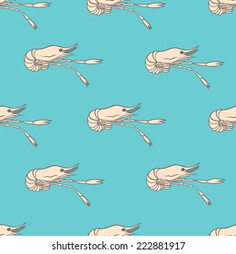 Pattern with shrimps on a blue background