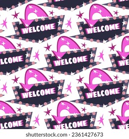 The pattern is a signboard from the hotel with a pink arrow, a greeting and an invitation. A luminous sign on a white background with glare from electric bulbs. Repeating seamless with directions