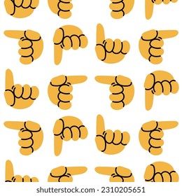 A pattern of signs with hands up, down, right, left. Repeated finger directions. Round yellow cartoon hands with a contour on a white background. Youth slang. Printing on textiles and paper