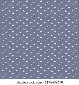 Pattern with signs or small abstract shapes and points on a blue baqckground. Textile print. Wallpaper. Vector illustration.