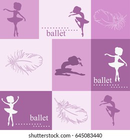 Pattern with silhouette of ballerinas and feather of swan. Retro seamless pattern. Hand drawn illustration.