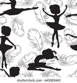 Pattern with silhouette of ballerinas and feather of swan. Black and white illustration of ballerinas. Retro seamless pattern. Hand drawn illustration.