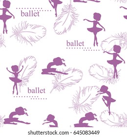 Pattern with silhouette of ballerinas and feather of swan. Retro seamless pattern. Hand drawn illustration.