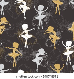 Pattern with silhouette of ballerina"s and feathers of swan.  Retro seamless pattern. Hand drawn illustration.  