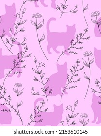 Pattern silhouette cat with botanic. Vector illustration