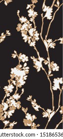 Pattern with silhouette of cherry tree branch with small flowers on white background and with gold outline