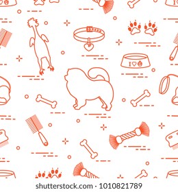 Pattern of silhouette chow-chow dog, bowl, bone, brush, comb, toys and other items to care for pet. Design for banner, poster or print.